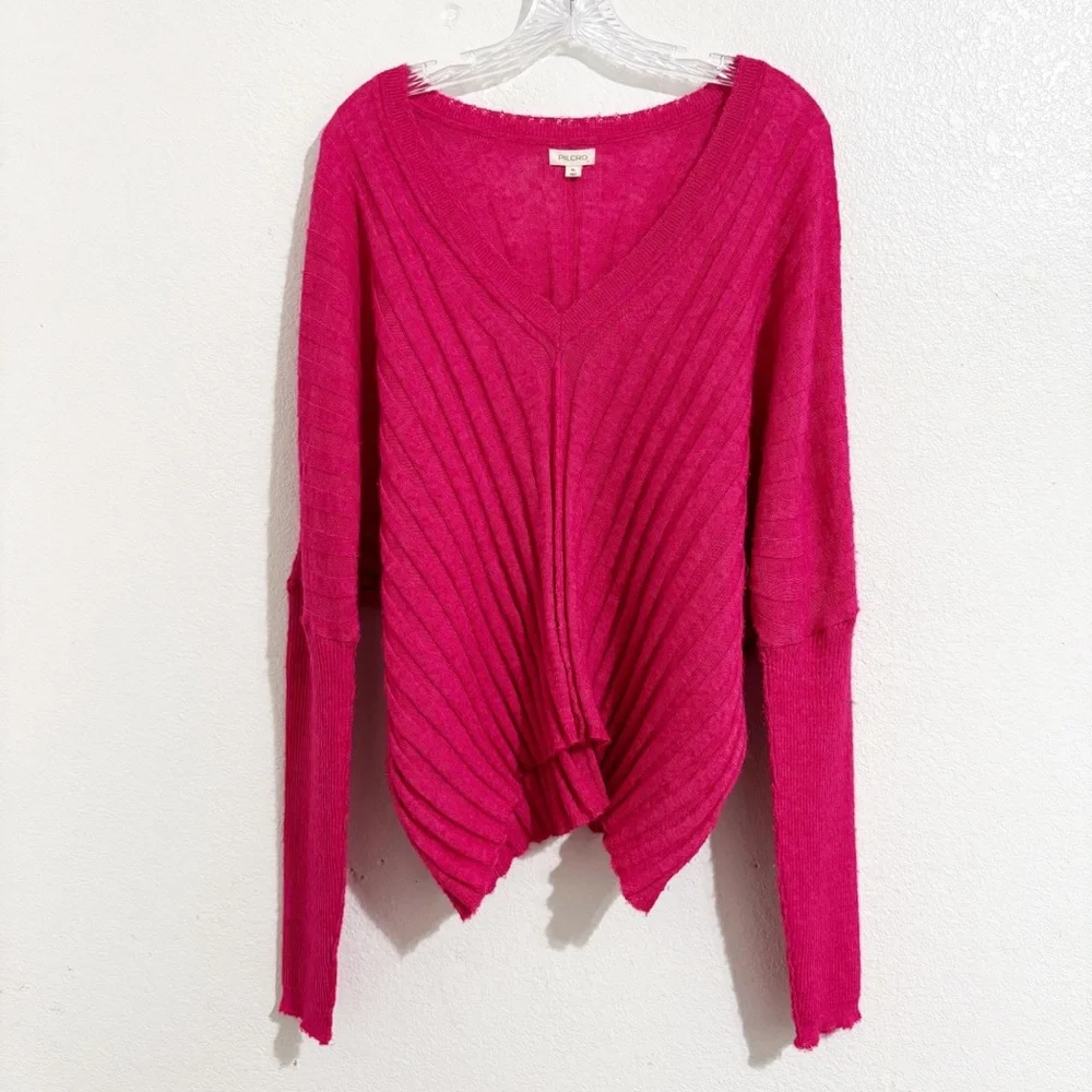 Anthropologie Pilcro V-Neck Boxy Rib Wool Blend Sweater‎ in Pink